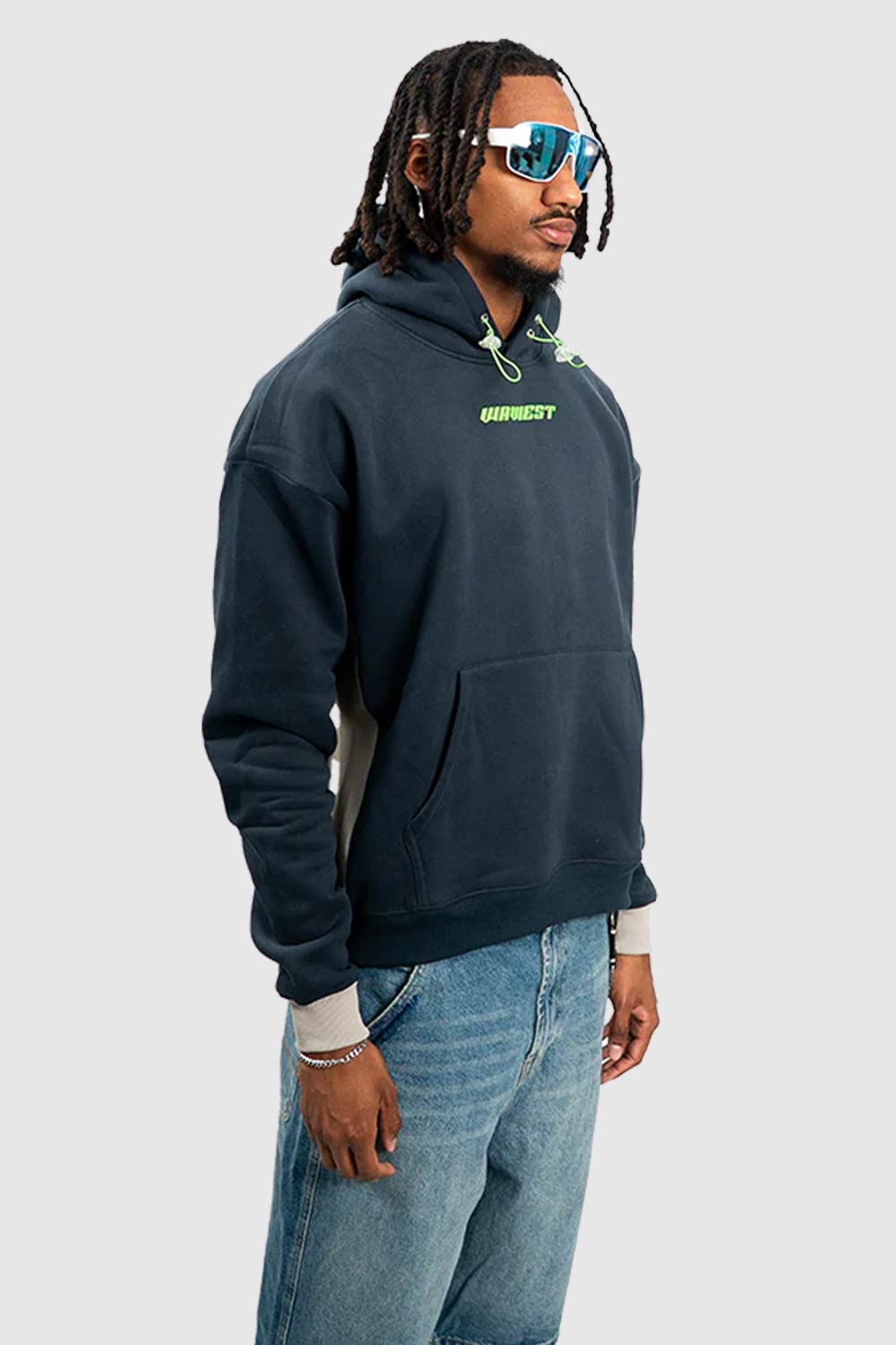 Sweat à capuche en coton bleu marine et logo vert fluo waviest pour homme