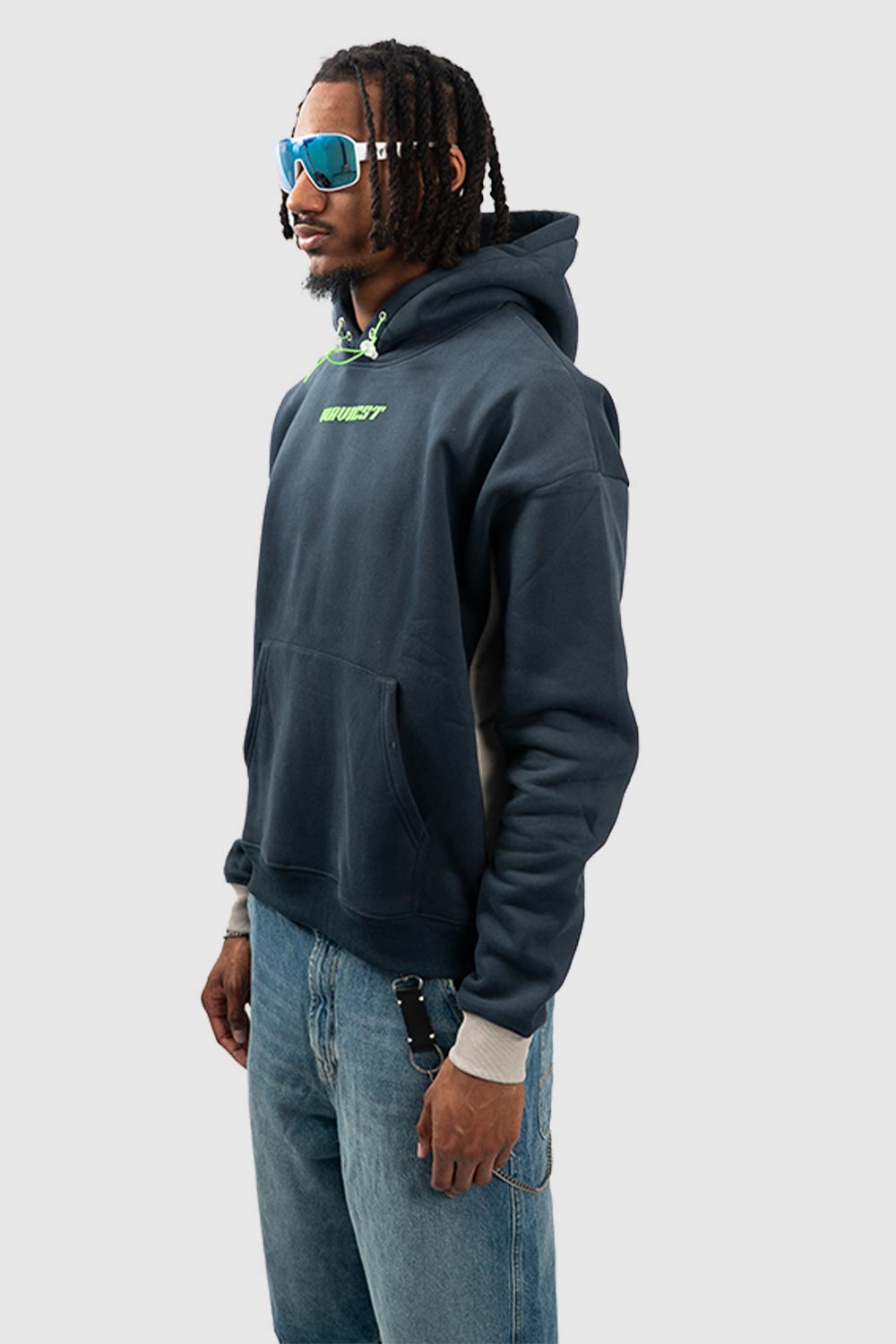 Sweat à capuche en coton bleu marine et logo vert fluo waviest pour homme
